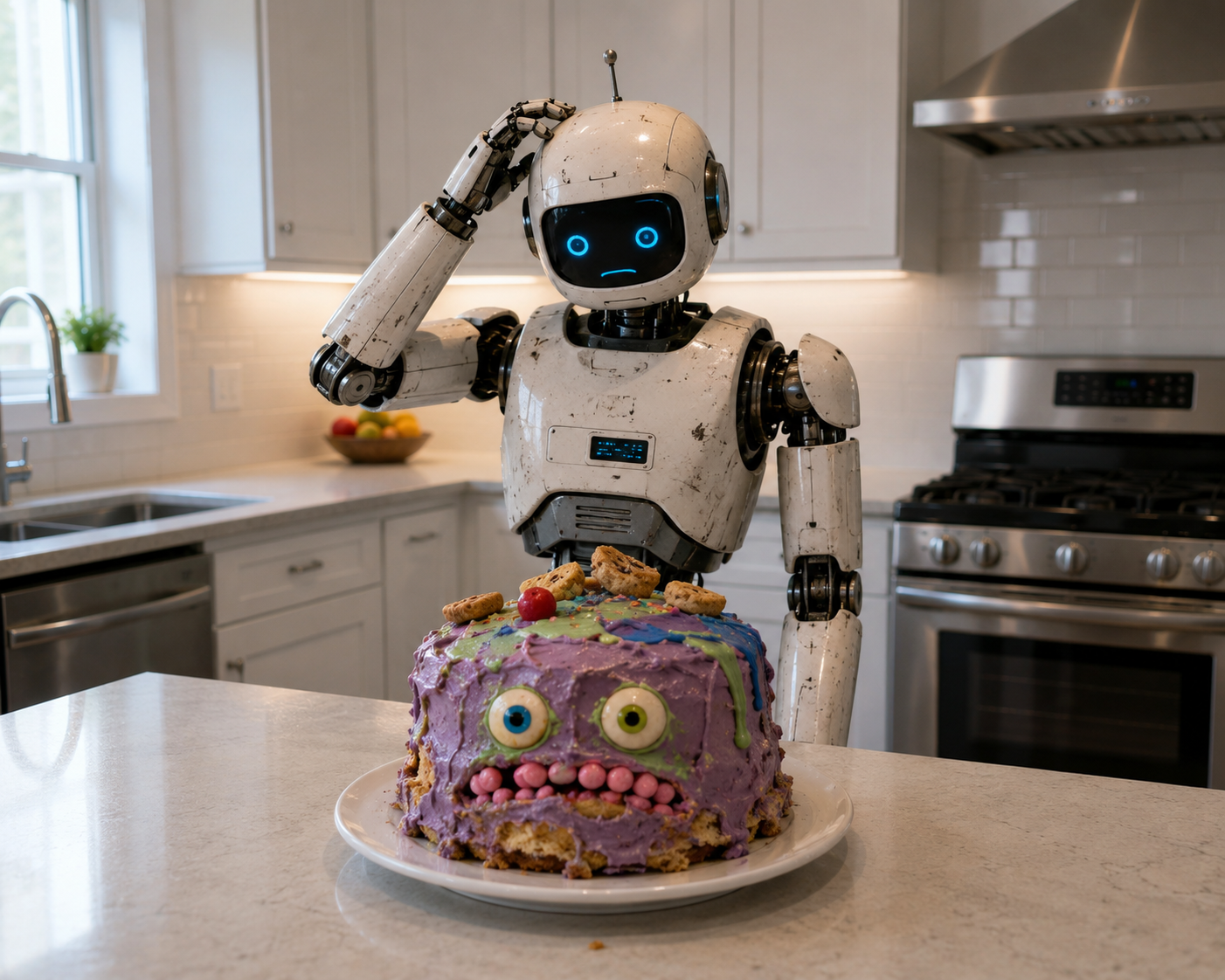 A humanoid white robot stands in a kitchen scratching its head, looking puzzled. In front of it sits a slightly disturbing purple-iced cake with two googly eyes and a row of pink mouth-balls.